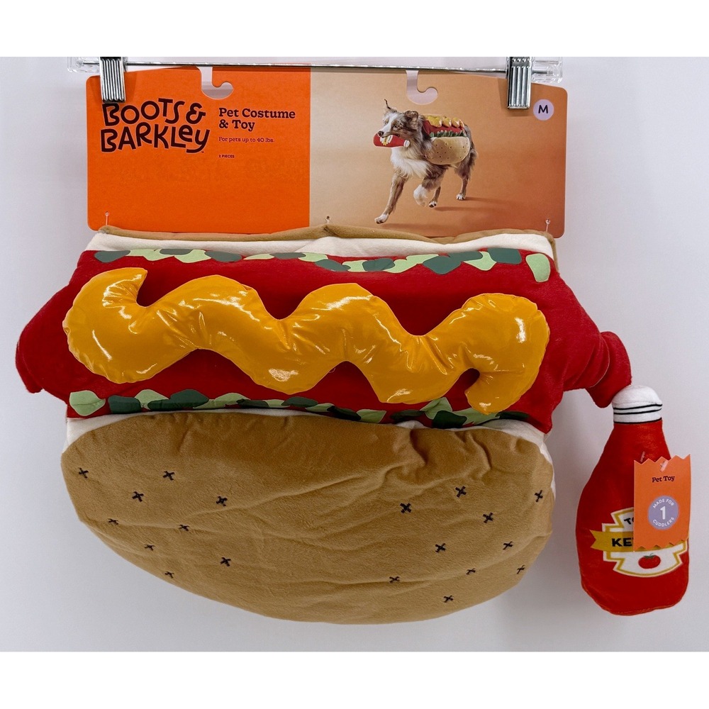 Boots & Barkley Hot Dog Pet Costume & Toy Set Medium Brown Red Mustard